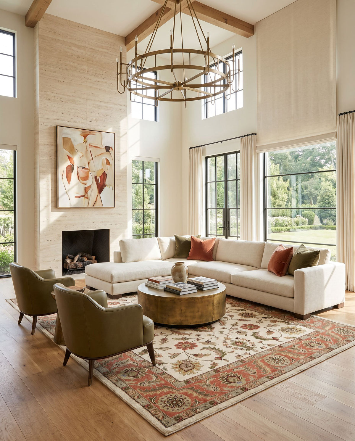 Crowne CRN-6004 Hand Tufted Rug styled in an elegant designer living room — hand tufted traditional area rug in beige, black, tan and burnt orange tones