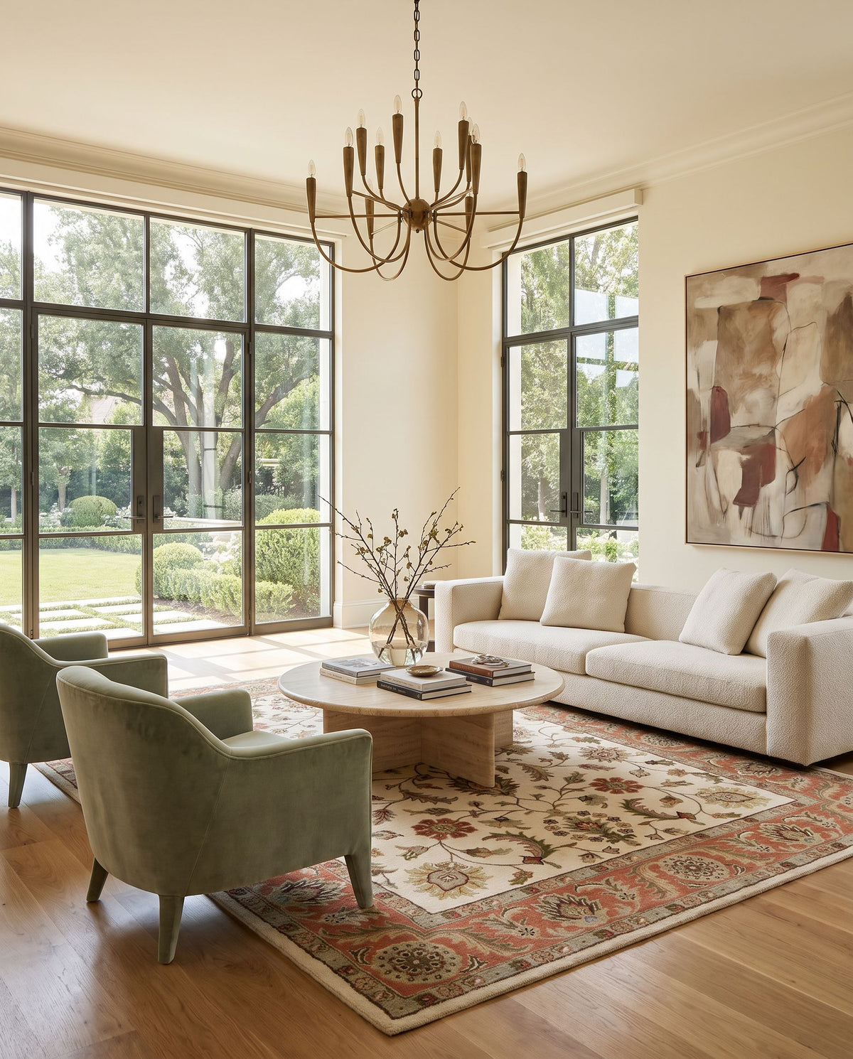 Crowne CRN-6004 Hand Tufted Rug styled in an elegant designer living room — hand tufted traditional area rug in beige, black, tan and burnt orange tones