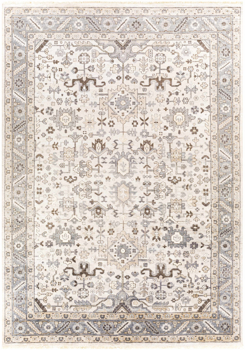 Light Gray Hand Knotted 100% Viscose Traditional Rectangle Handmade rug, Indoor use only, has fringe, non-washable.