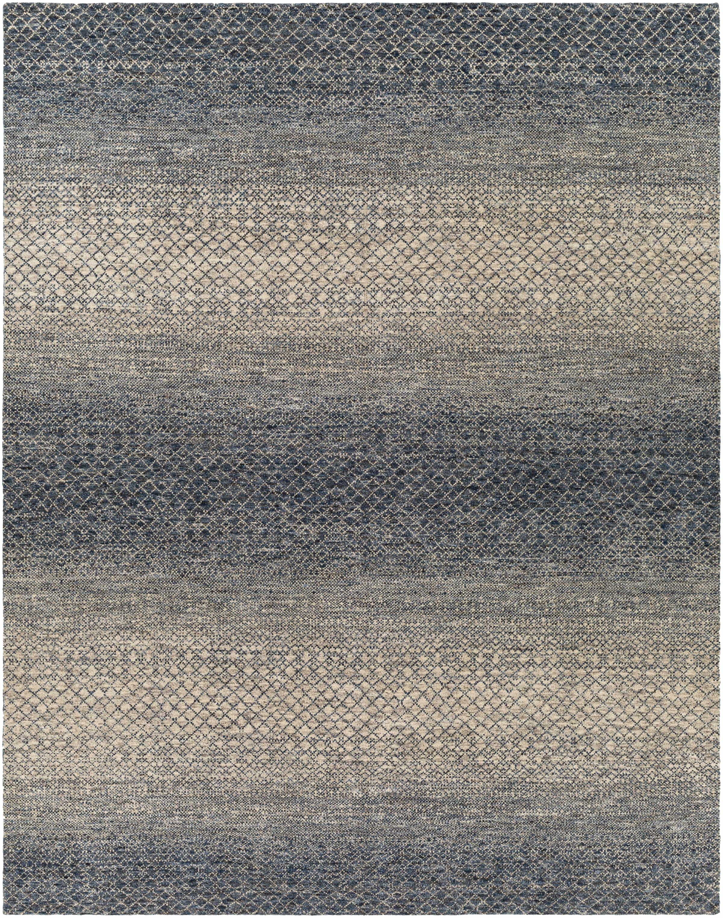 Dark Blue Hand Knotted 70% Wool, 30% Viscose Global Rectangle Handmade rug, Indoor use only, no fringe, non-washable.