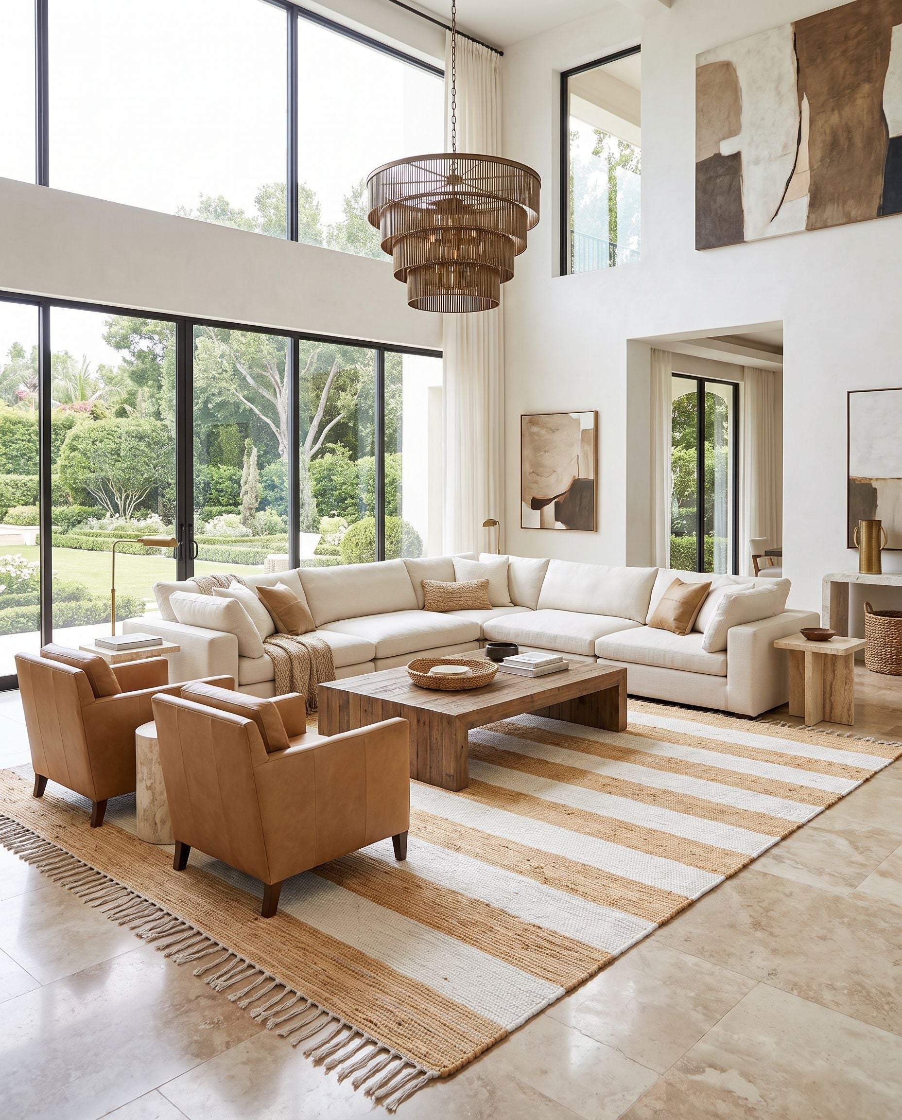 Cotone CTE-2302 Hand Woven Rug as the centerpiece of a bright luxury living room — a hand woven cottage area rug in white and camel tones