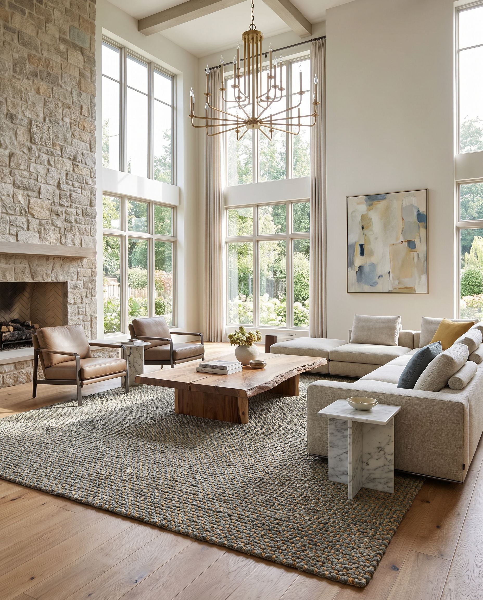 Curacao CUR-2302 Hand Woven Rug as the centerpiece of a bright luxury living room — a hand woven modern area rug in sky blue, sandy beige and slate gray tones
