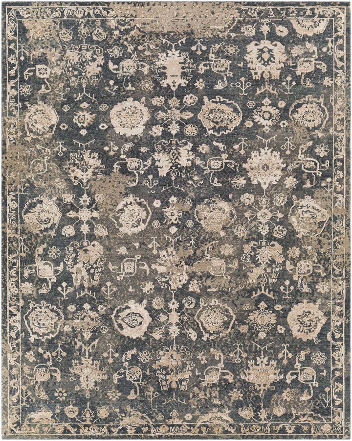 Charcoal Hand Knotted 70% Wool, 30% Viscose Traditional Rectangle Handmade rug, Indoor use only, no fringe, non-washable.