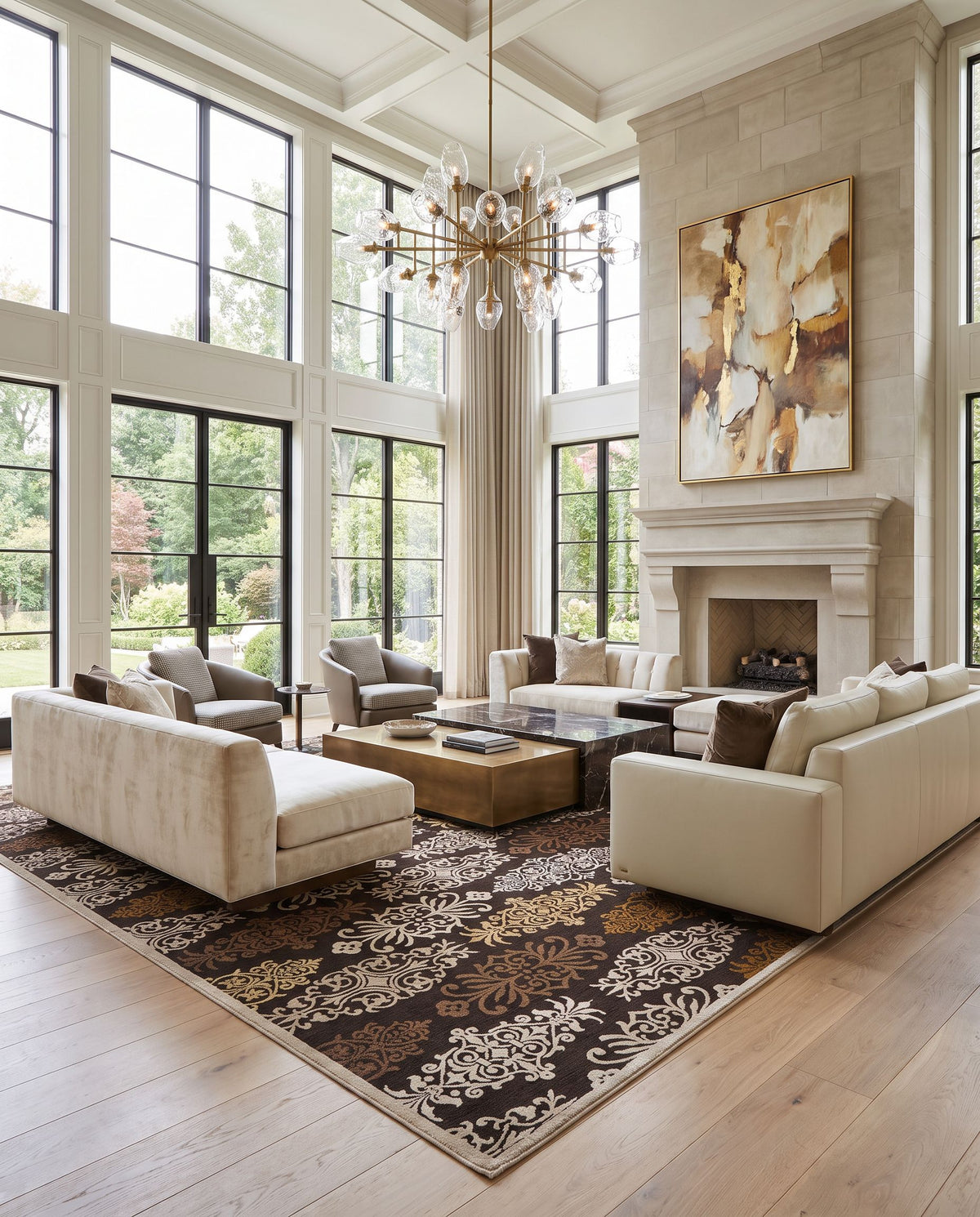 Cynthia CYN-3801 Hand Woven Rug as the centerpiece of a bright luxury living room — a hand woven contemporary area rug in black white tones