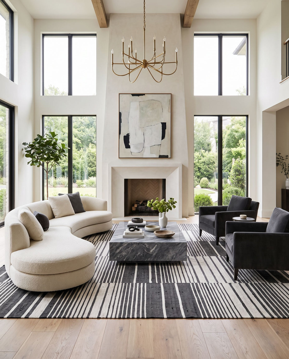 Diane DAI-2306 Hand Woven Rug as the centerpiece of a bright luxury living room — a hand woven cottage area rug in cream and black tones