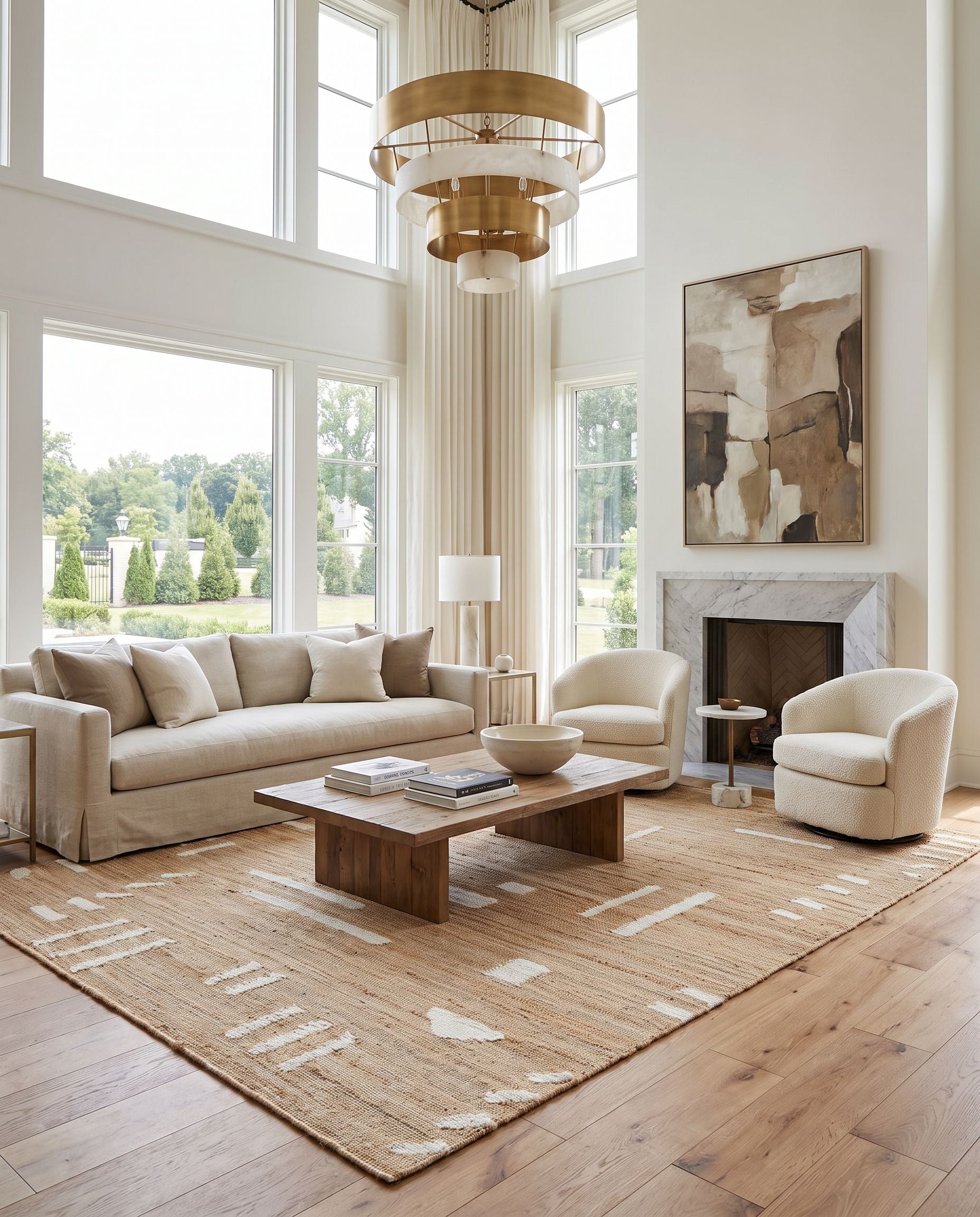 Diane DAI-2308 Hand Woven Rug as the centerpiece of a bright luxury living room — a hand woven transitional, bohemian area rug in tan and cream tones