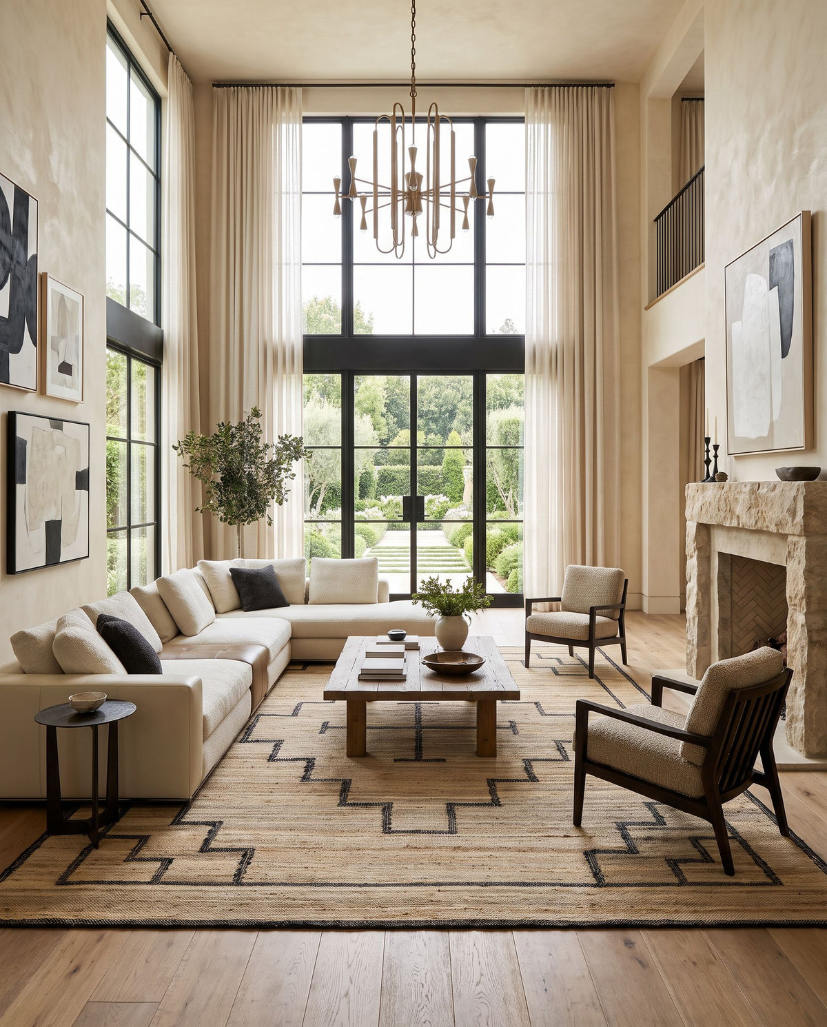 Diane DAI-2309 Hand Woven Rug as the centerpiece of a bright luxury living room — a hand woven transitional, traditional area rug in tan and black tones
