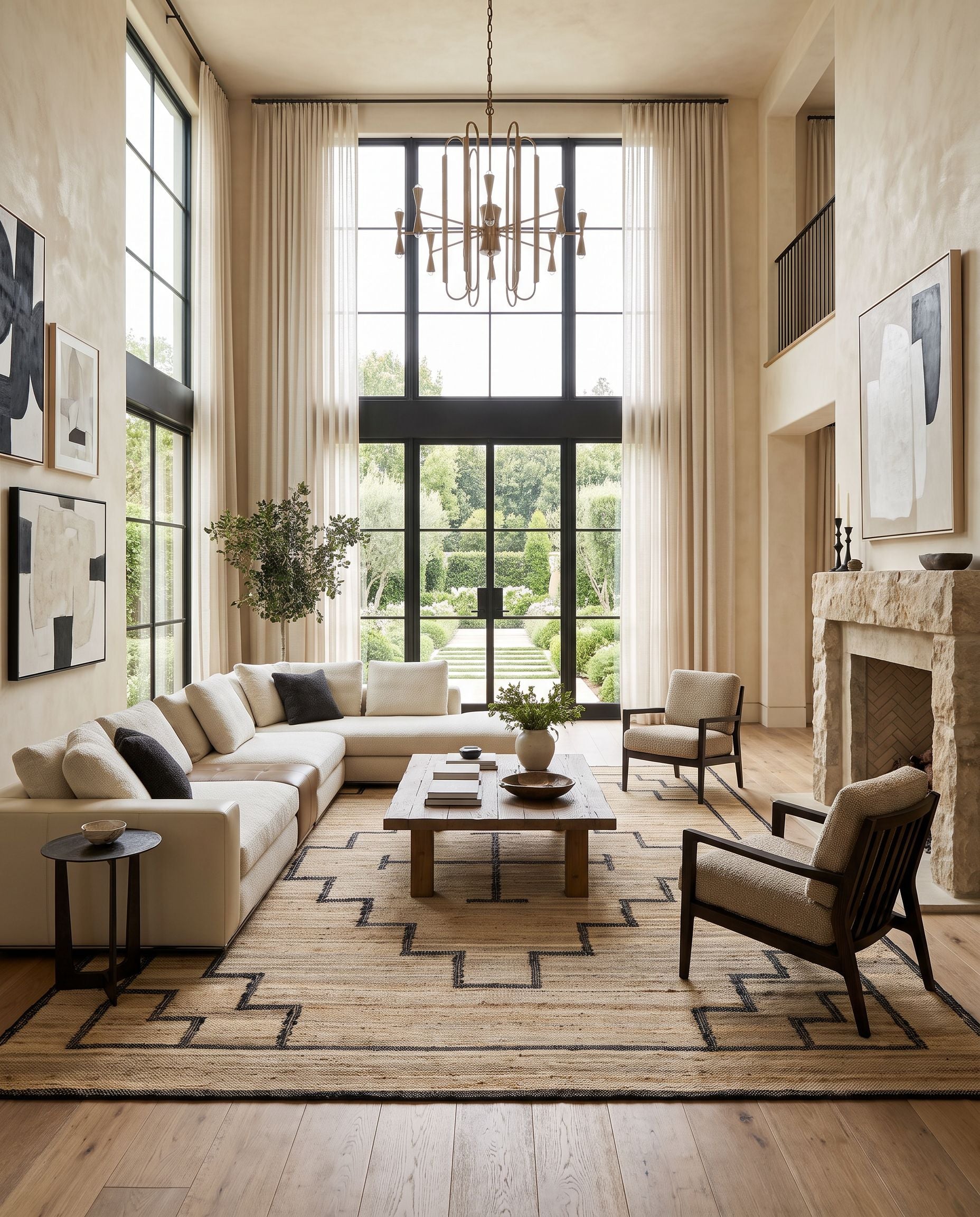 Diane DAI-2309 Hand Woven Rug as the centerpiece of a bright luxury living room — a hand woven transitional, traditional area rug in tan and black tones