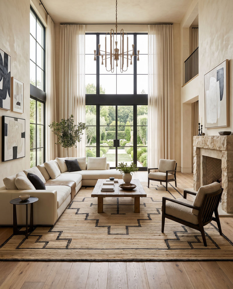 Diane DAI-2309 Hand Woven Rug as the centerpiece of a bright luxury living room — a hand woven transitional, traditional area rug in tan and black tones