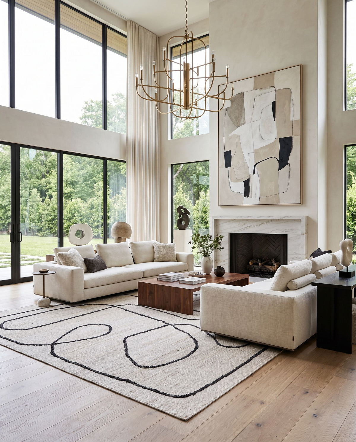 Diane DAI-2310 Hand Woven Rug as the centerpiece of a bright luxury living room — a hand woven contemporary area rug in cream and black tones