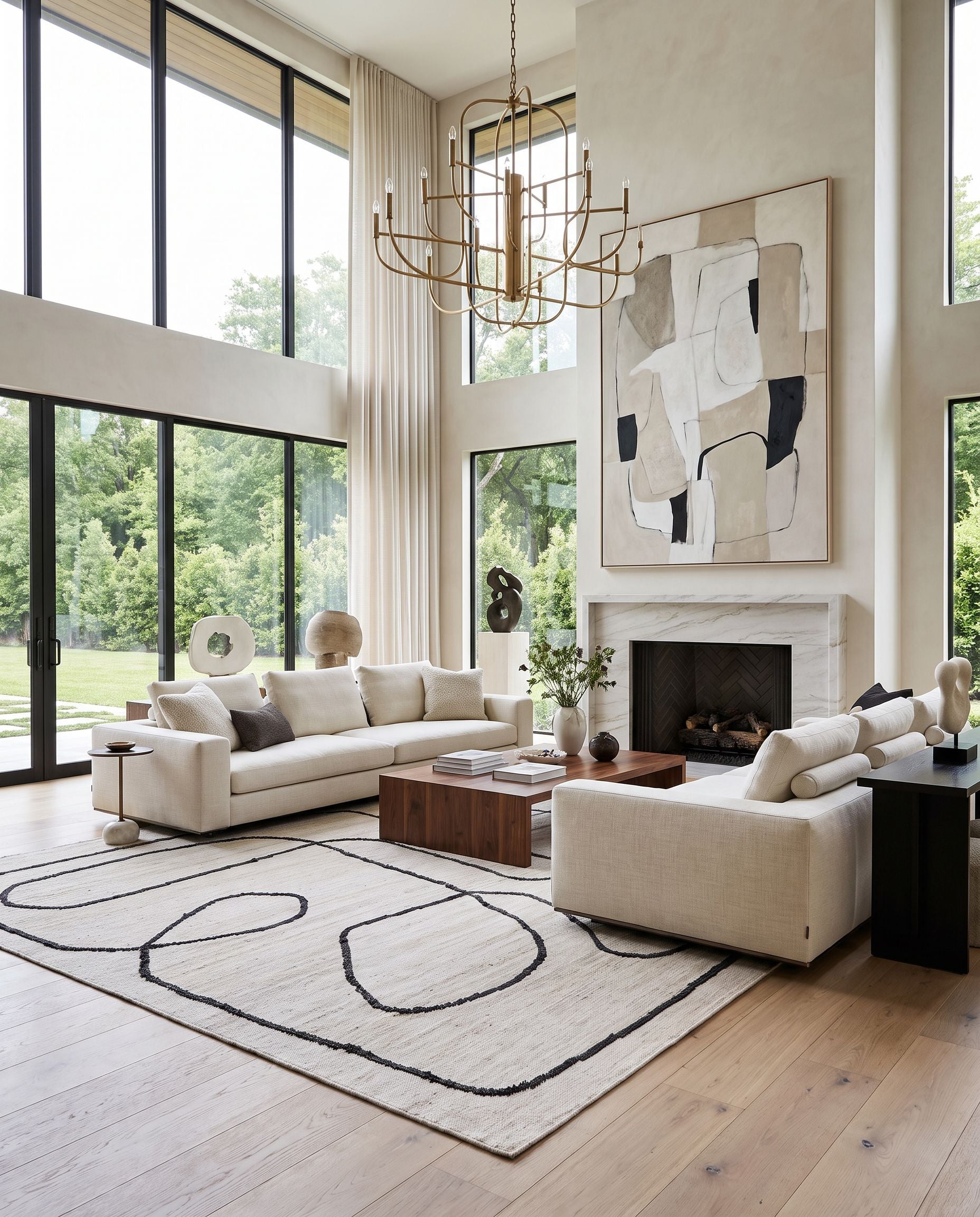 Diane DAI-2310 Hand Woven Rug as the centerpiece of a bright luxury living room — a hand woven contemporary area rug in cream and black tones