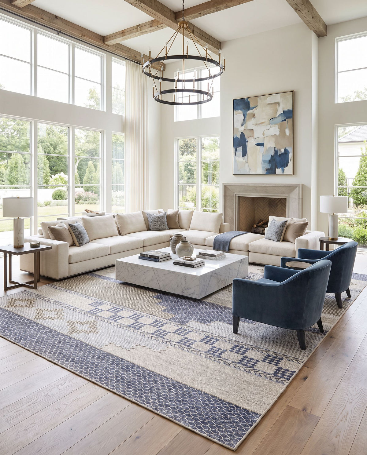 Didim DDM-2300 Hand Woven Rug as the centerpiece of a bright luxury living room — a hand woven cottage area rug in taupe, dark brown, denim and medium gray tones
