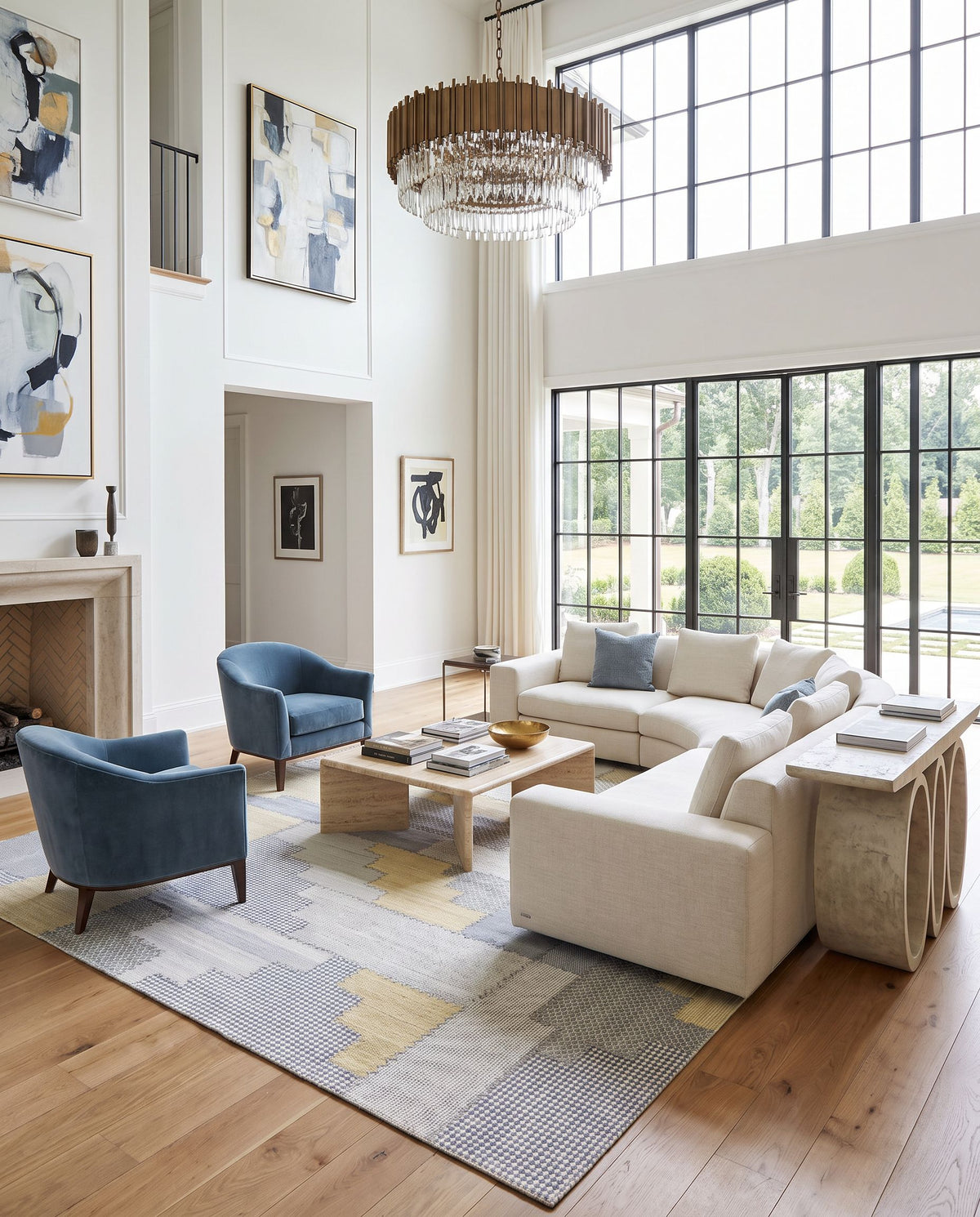 Didim DDM-2302 Hand Woven Rug as the centerpiece of a bright luxury living room — a hand woven cottage area rug in taupe, dark brown, denim and off-white tones