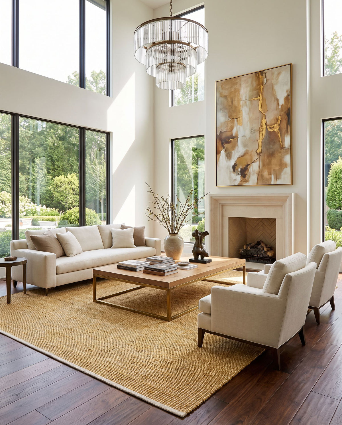 Demi DEM-2302 Hand Woven Rug as the centerpiece of a bright luxury living room — a hand woven rustic area rug in mustard and cream tones
