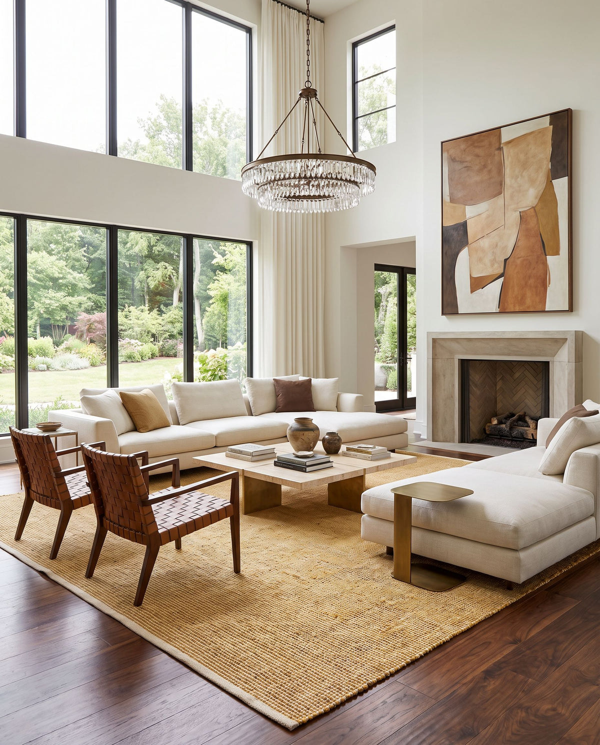 Demi DEM-2302 Hand Woven Rug styled in an elegant designer living room — hand woven rustic area rug in mustard and cream tones
