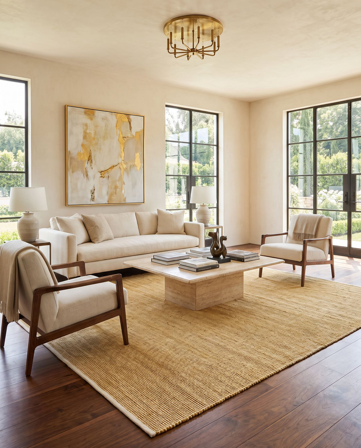 Demi DEM-2302 Hand Woven Rug styled in an elegant designer living room — hand woven rustic area rug in mustard and cream tones