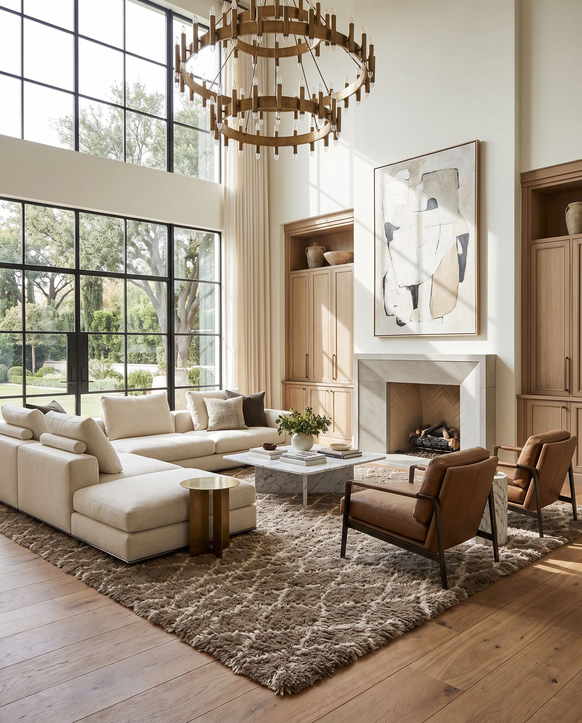 Denali DEN-5001 Hand Knotted Rug as the centerpiece of a bright luxury living room — a hand knotted global area rug in taupe and ivory tones