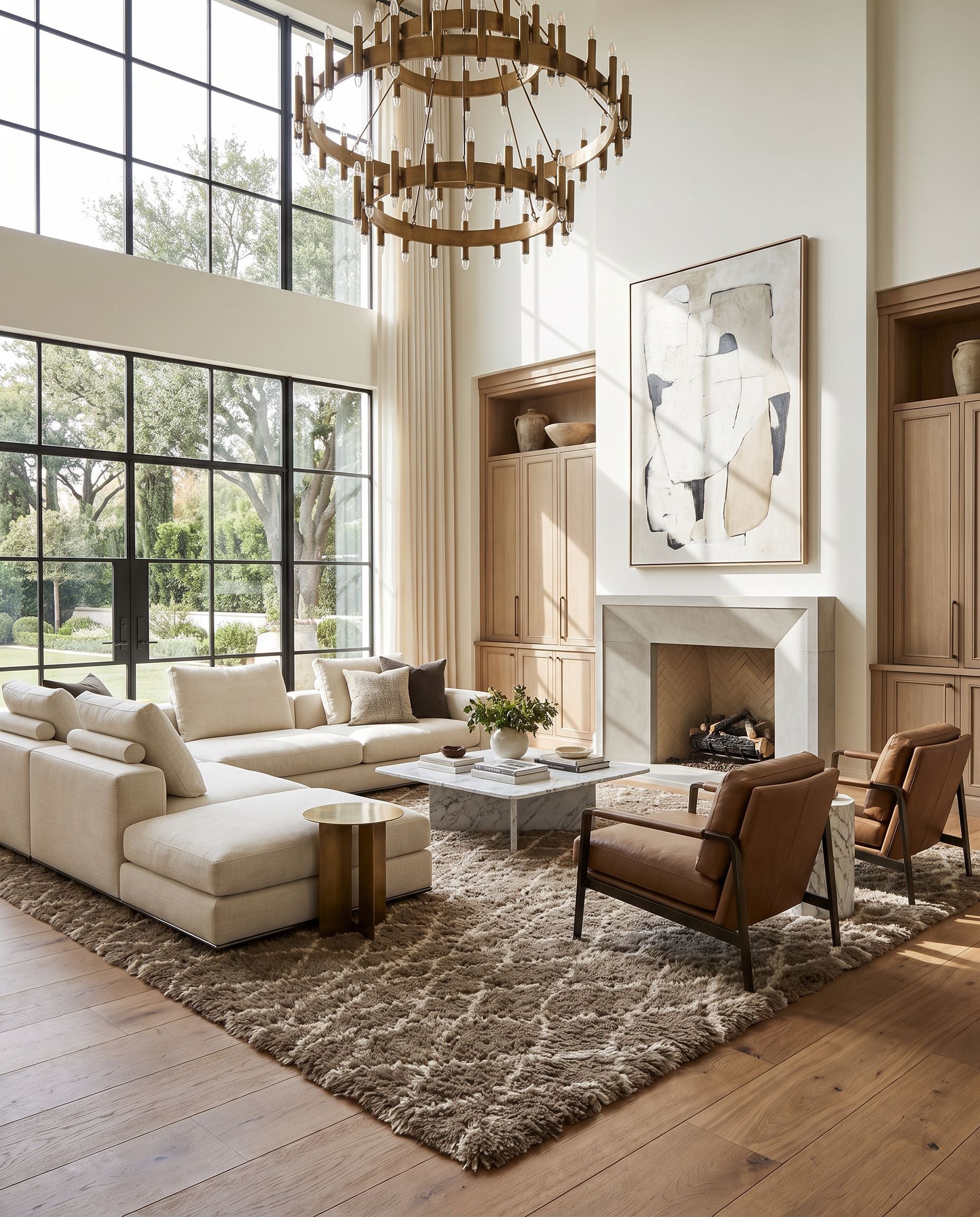 Denali DEN-5001 Hand Knotted Rug as the centerpiece of a bright luxury living room — a hand knotted global area rug in taupe and ivory tones