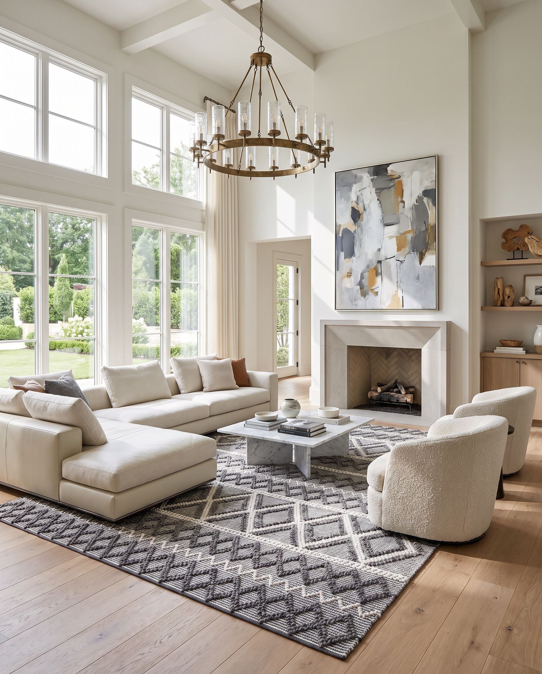 Daffodil DFF-2300 Hand Woven Rug as the centerpiece of a bright luxury living room — a hand woven global area rug in ivory, charcoal and light slate tones
