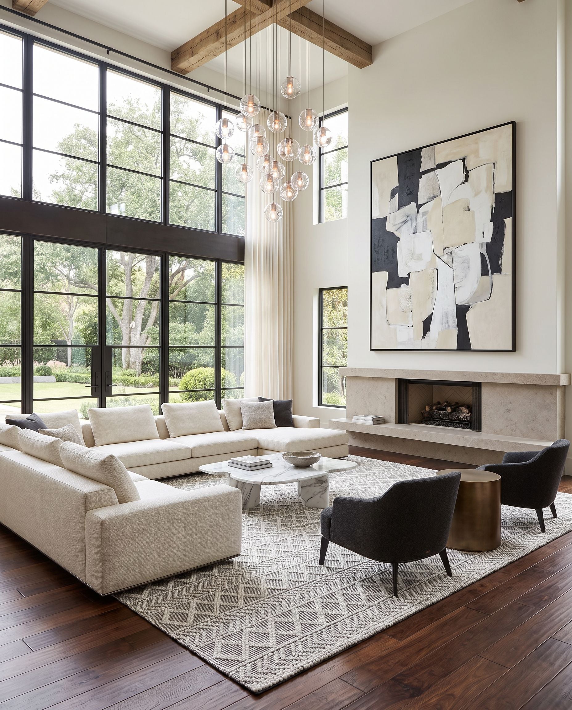 Daffodil DFF-2301 Hand Woven Rug as the centerpiece of a bright luxury living room — a hand woven global area rug in charcoal and ivory tones