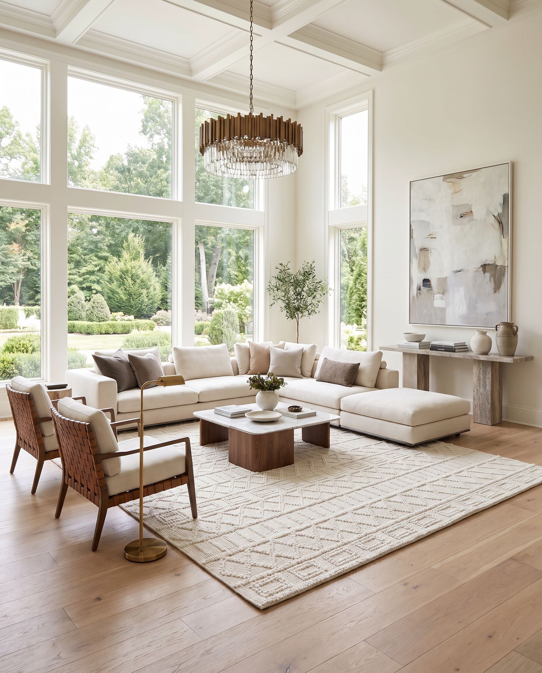 Daffodil DFF-2303 Hand Woven Rug as the centerpiece of a bright luxury living room — a hand woven global area rug in beige and ivory tones