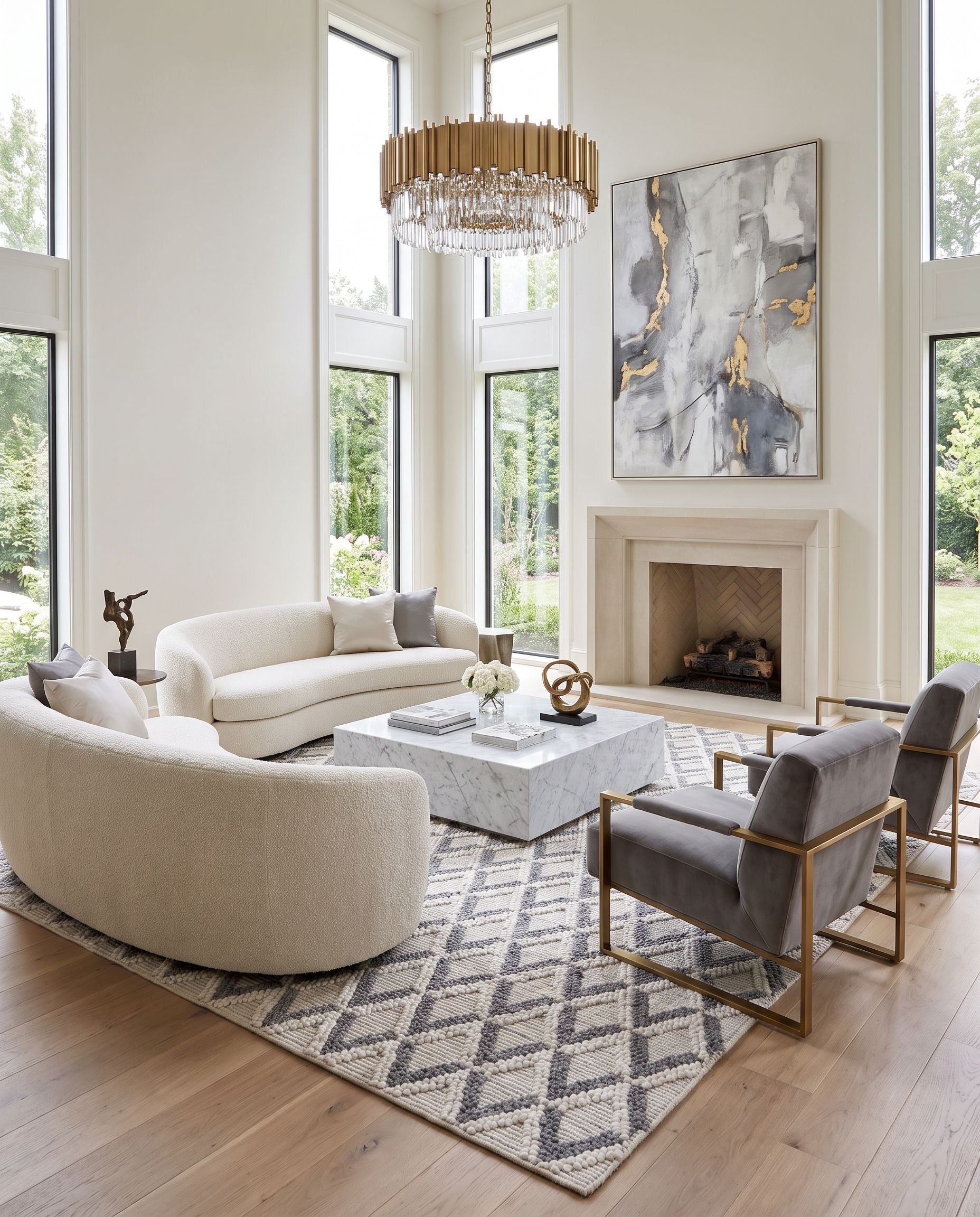Daffodil DFF-2304 Hand Woven Rug as the centerpiece of a bright luxury living room — a hand woven global area rug in beige tones