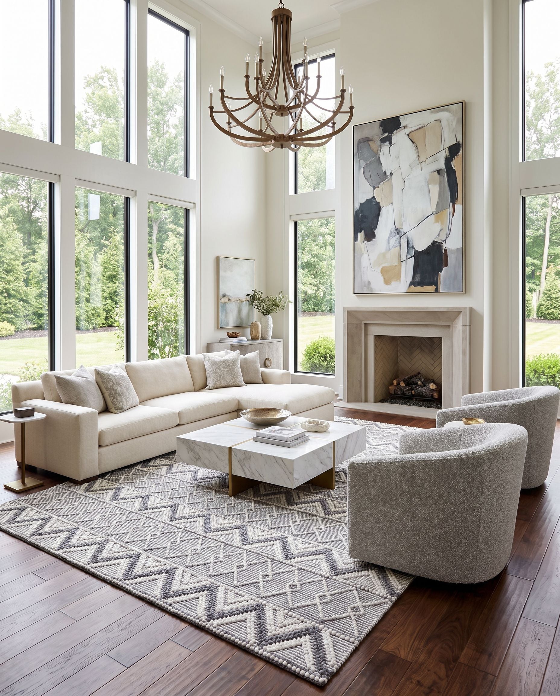 Daffodil DFF-2305 Hand Woven Rug as the centerpiece of a bright luxury living room — a hand woven global area rug in gray, white and charcoal tones