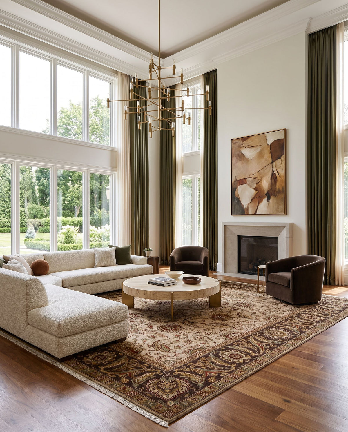 Dinar DIN-1591 Hand Knotted Rug as the centerpiece of a bright luxury living room — a hand knotted traditional area rug in cream, dark brown, olive and tan tones