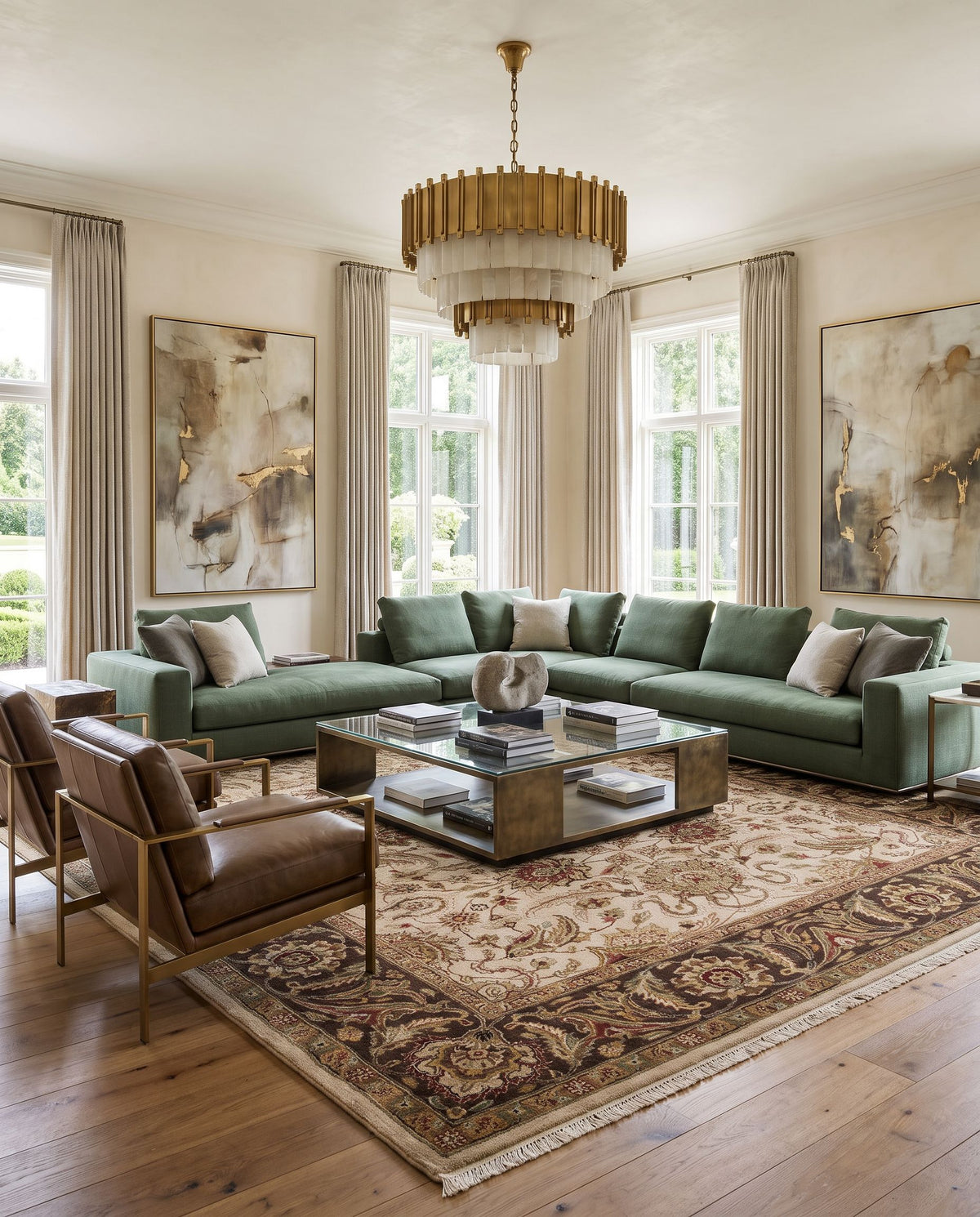 Dinar DIN-1591 Hand Knotted Rug styled in an elegant designer living room — hand knotted traditional area rug in cream, dark brown, olive and tan tones