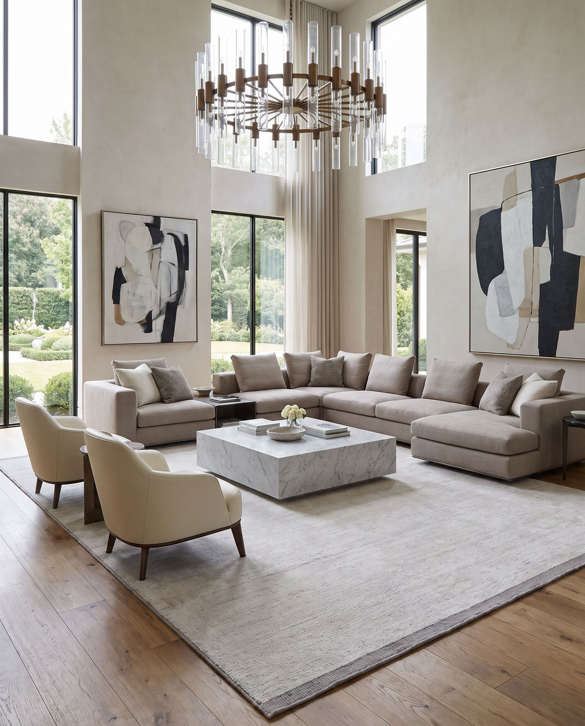 Dalia DLA-2303 Hand Loomed Rug styled in an elegant designer living room — hand loomed cottage area rug in off-white and medium gray tones