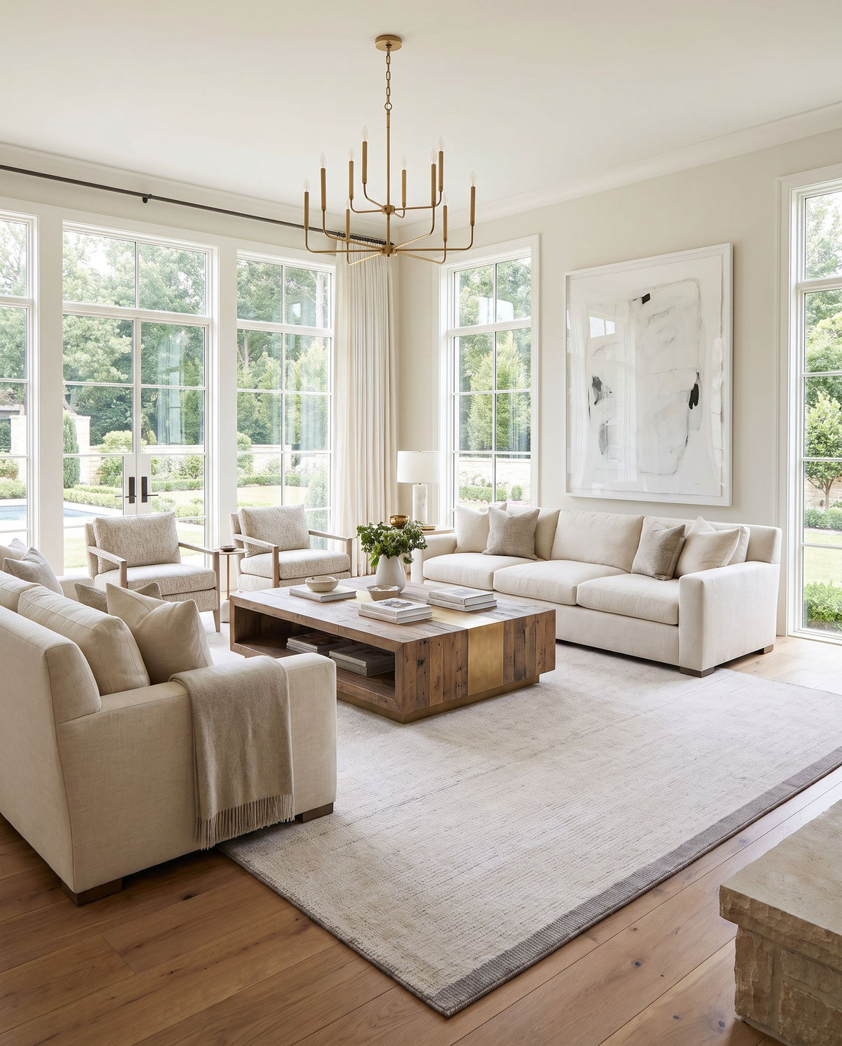 Dalia DLA-2303 Hand Loomed Rug styled in an elegant designer living room — hand loomed cottage area rug in off-white and medium gray tones