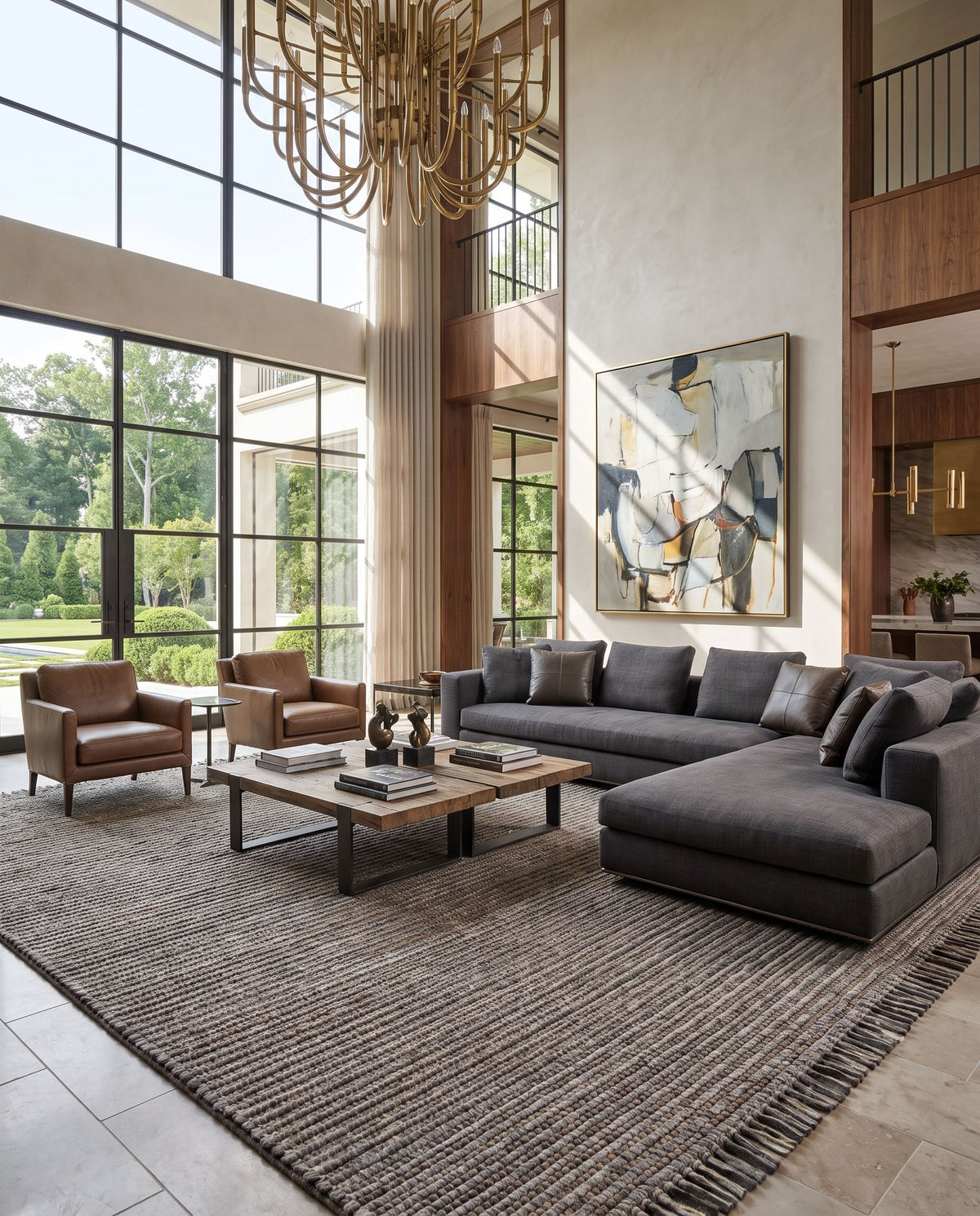 Daniel DNL-3000 Hand Woven Rug as the centerpiece of a bright luxury living room — a hand woven cottage area rug in gray and light brown tones