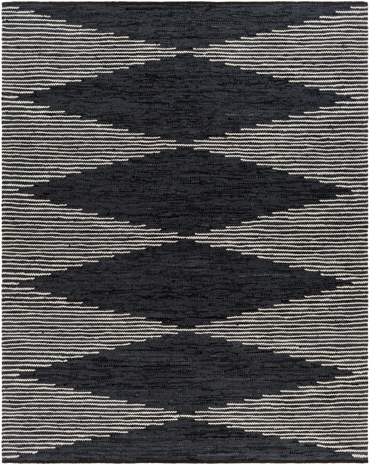 Black Hand Woven 80% Leather, 20% Cotton Rustic Rectangle Handmade rug, Indoor use only, no fringe, non-washable.