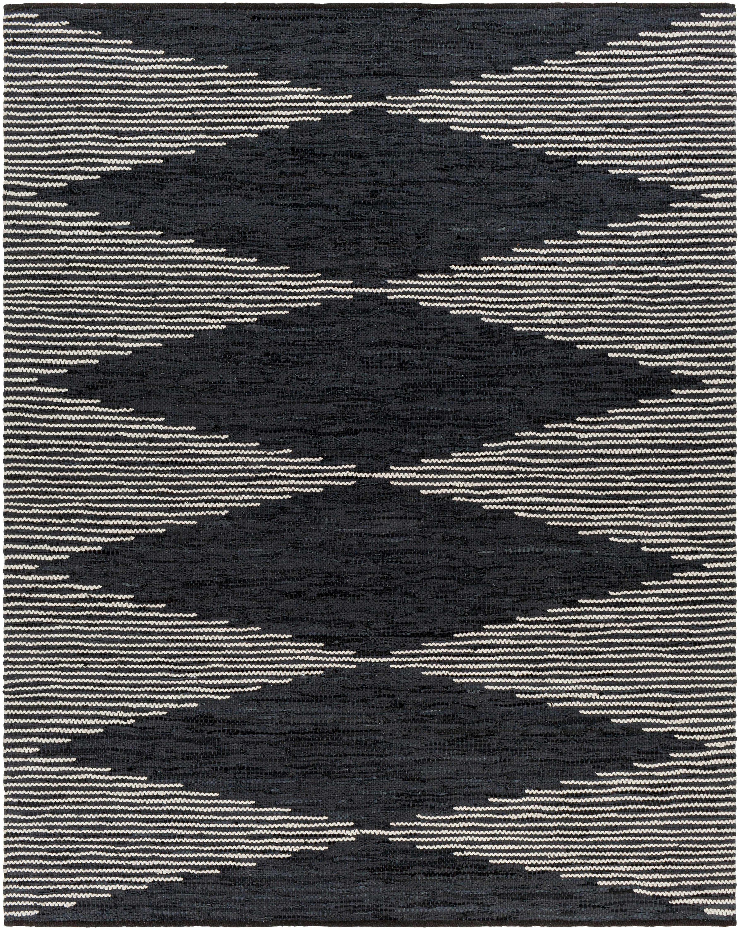 Black Hand Woven 80% Leather, 20% Cotton Rustic Rectangle Handmade rug, Indoor use only, no fringe, non-washable.
