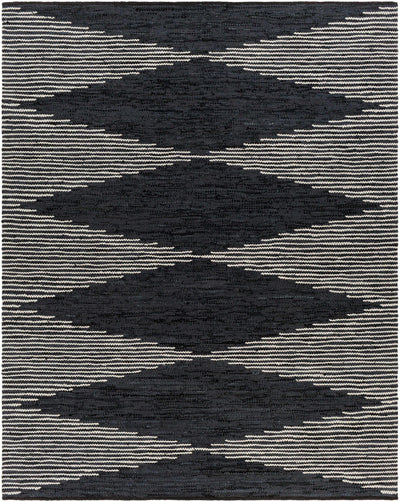 Black Hand Woven 80% Leather, 20% Cotton Rustic Rectangle Handmade rug, Indoor use only, no fringe, non-washable.