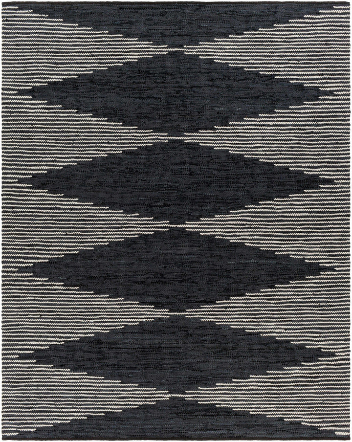 Black Hand Woven 80% Leather, 20% Cotton Rustic Rectangle Handmade rug, Indoor use only, no fringe, non-washable.