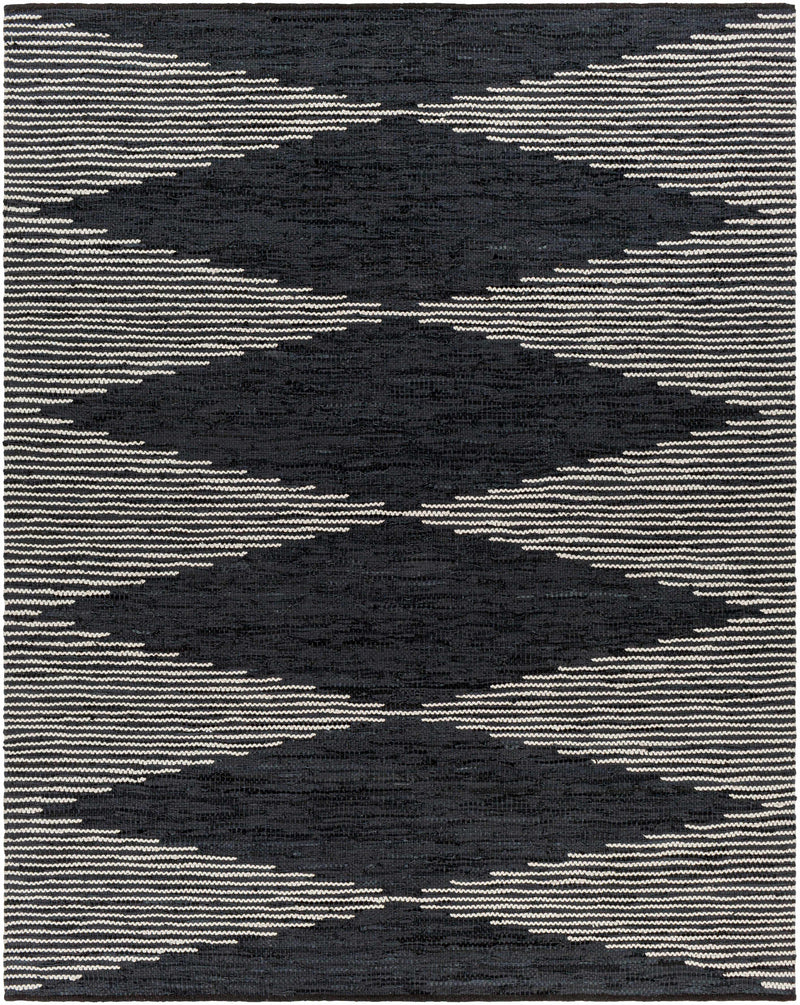 Black Hand Woven 80% Leather, 20% Cotton Rustic Rectangle Handmade rug, Indoor use only, no fringe, non-washable.