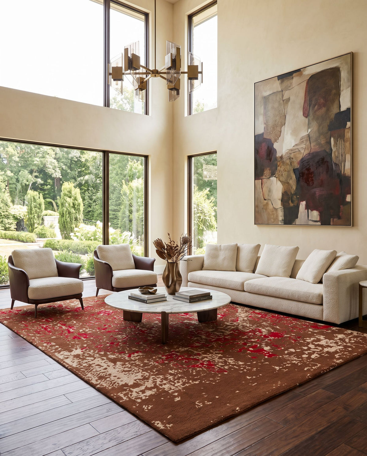 Egypt EGT-3078 Hand Woven Rug as the centerpiece of a bright luxury living room — a hand woven modern area rug in rust, red and beige tones
