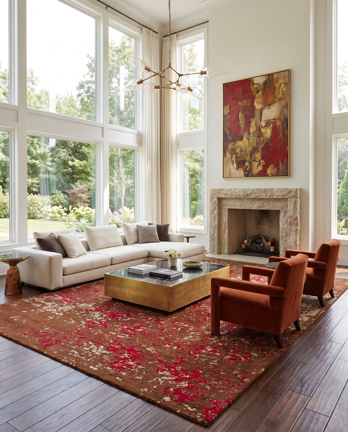 Egypt EGT-3078 Hand Woven Rug styled in an elegant designer living room — hand woven modern area rug in rust, red and beige tones