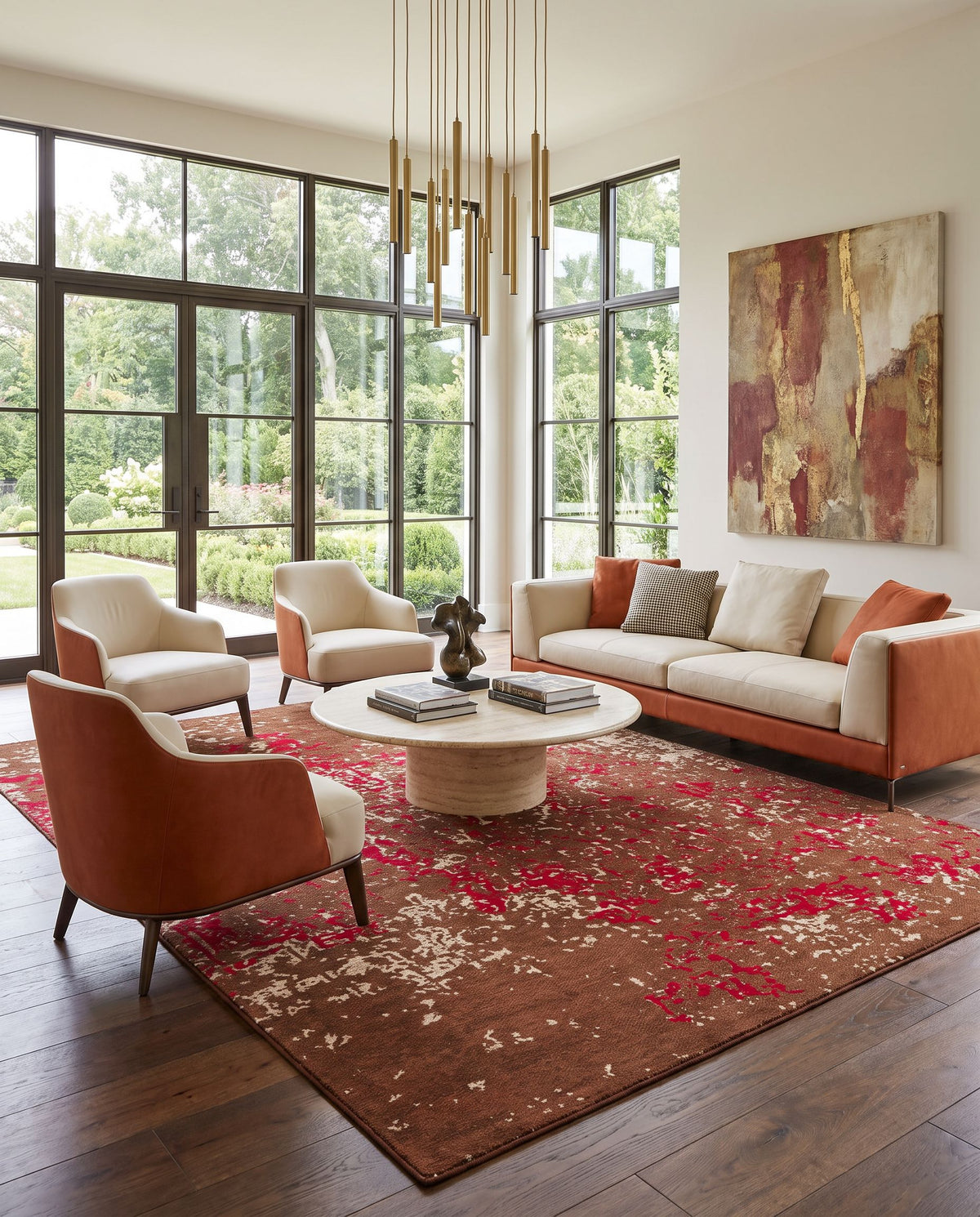 Egypt EGT-3078 Hand Woven Rug styled in an elegant designer living room — hand woven modern area rug in rust, red and beige tones