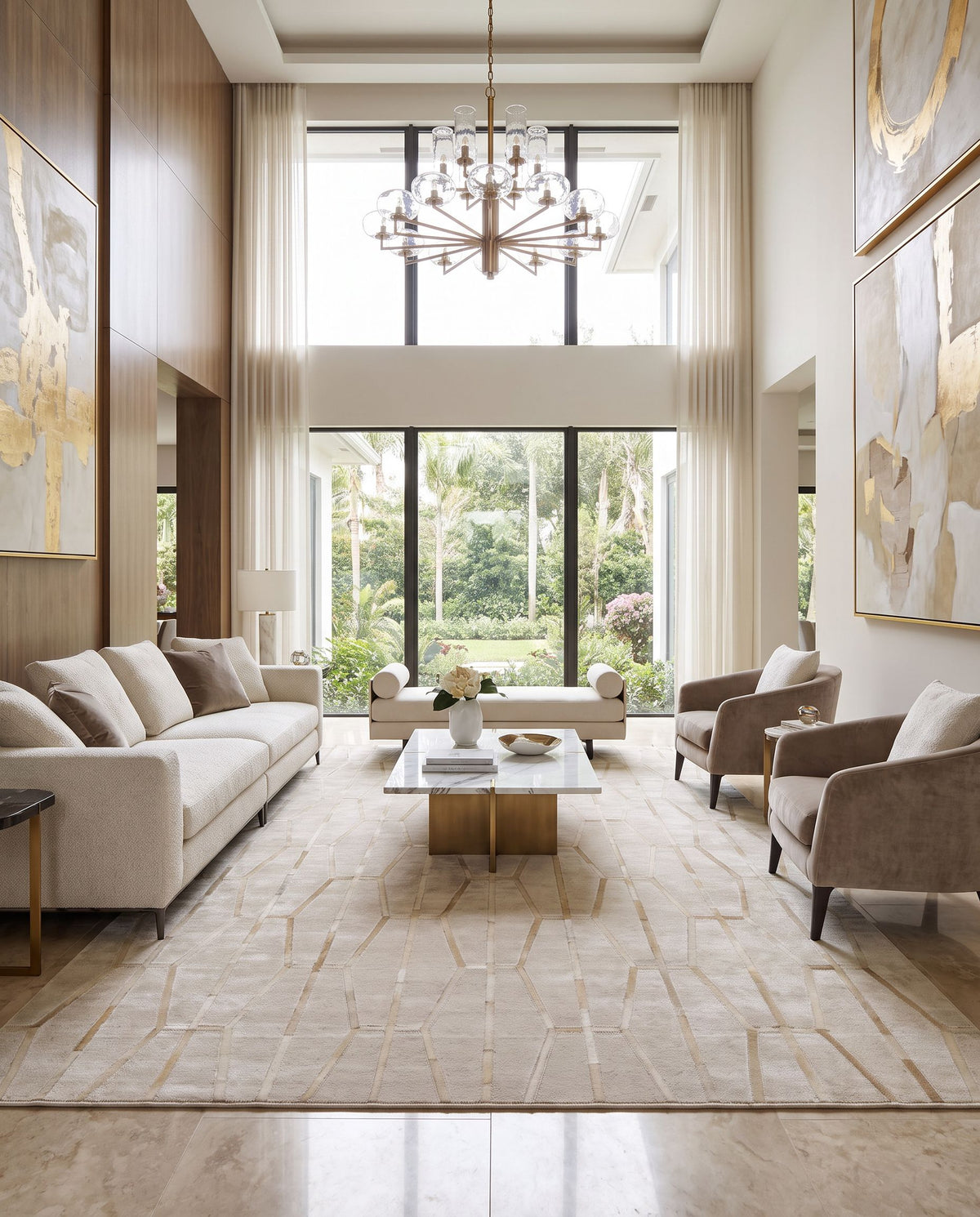Eloquent ELQ-2302 Hand Crafted Rug as the centerpiece of a bright luxury living room — a hand crafted modern area rug in tan, oatmeal, medium gray and light brown tones