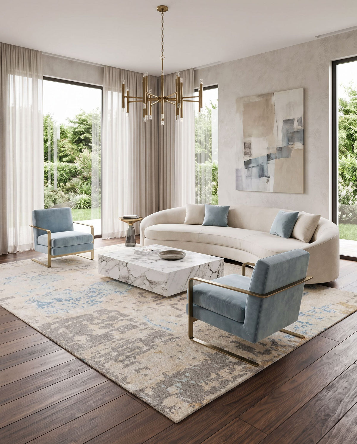 Ephemeral EPH-1000 Hand Knotted Rug styled in an elegant designer living room — hand knotted modern area rug in light blue, light sage, wheat and tan tones