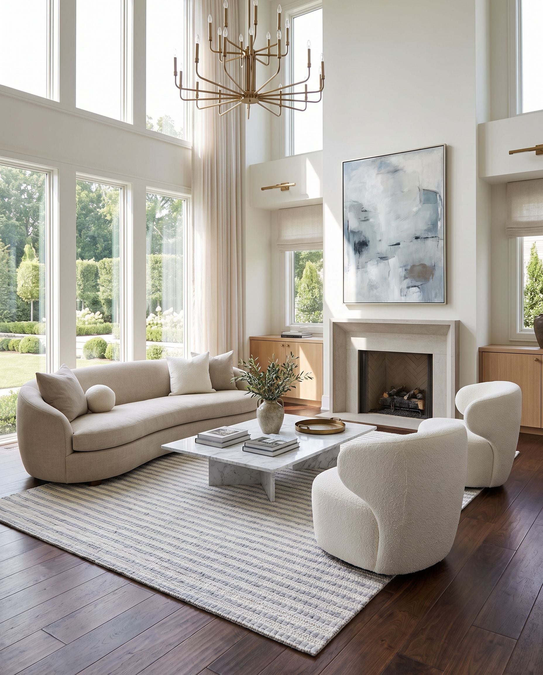 Empoli EPO-2300 Hand Woven Rug as the centerpiece of a bright luxury living room — a hand woven cottage area rug in cream, light gray and black tones