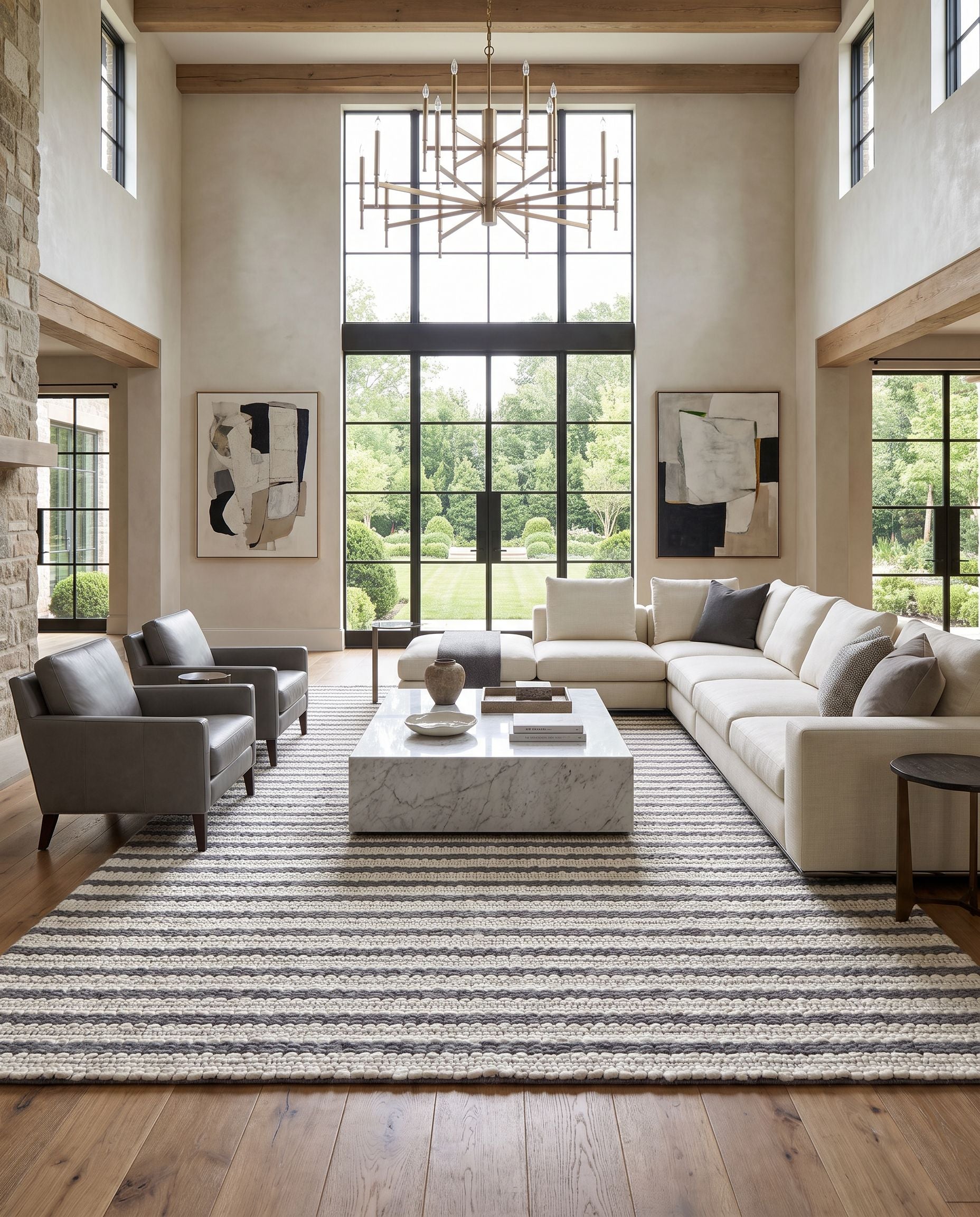 Empoli EPO-2302 Hand Woven Rug as the centerpiece of a bright luxury living room — a hand woven cottage area rug in cream, charcoal and black tones