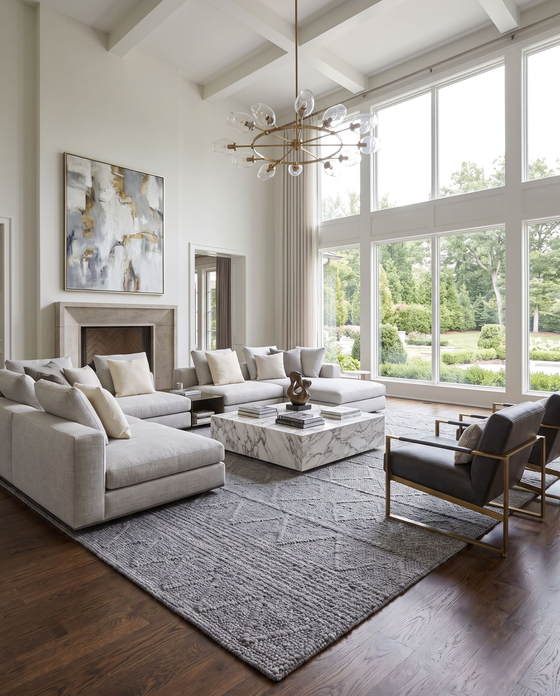Empoli EPO-2304 Hand Woven Rug as the centerpiece of a bright luxury living room — a hand woven cottage area rug in charcoal tones