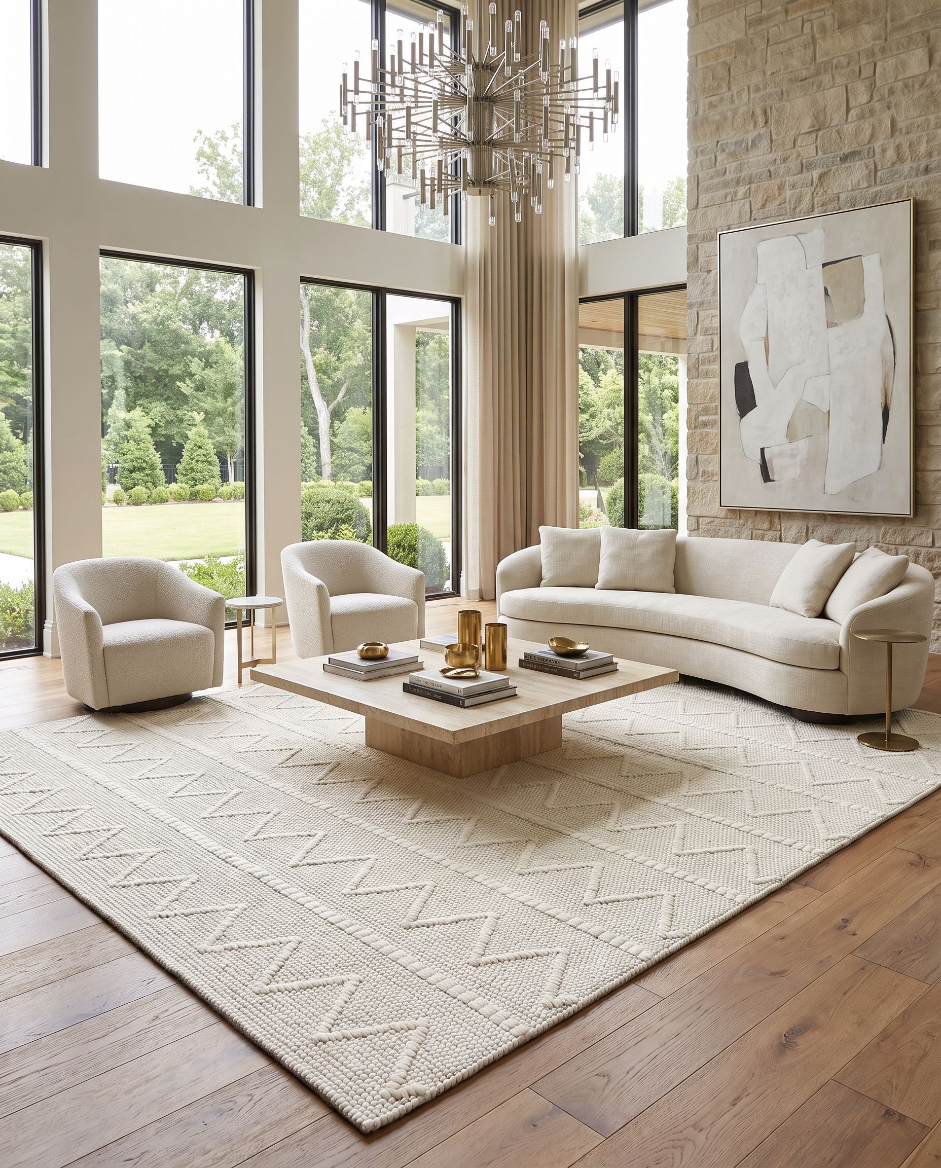 Empoli EPO-2305 Hand Woven Rug as the centerpiece of a bright luxury living room — a hand woven cottage area rug in cream and black tones