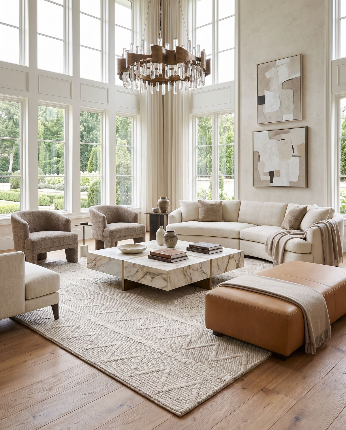 Empoli EPO-2306 Hand Woven Rug as the centerpiece of a bright luxury living room — a hand woven cottage area rug in tan tones
