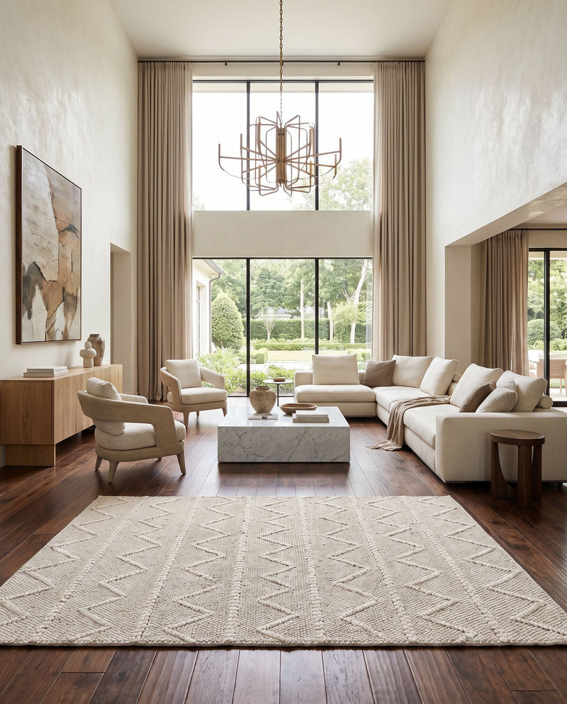 Empoli EPO-2306 Hand Woven Rug as the centerpiece of a bright luxury living room — a hand woven cottage area rug in tan tones