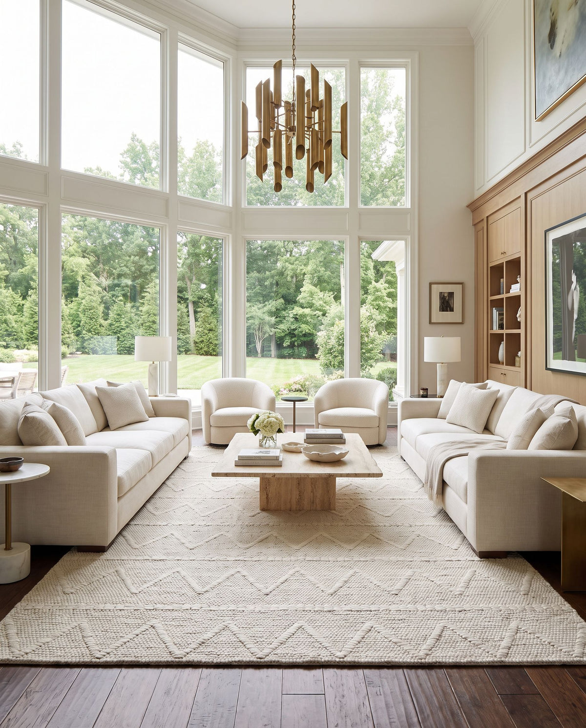 Empoli EPO-2306 Hand Woven Rug styled in an elegant designer living room — hand woven cottage area rug in tan tones