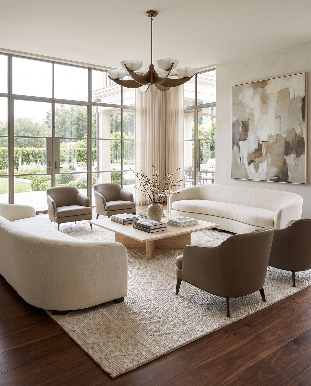 Empoli EPO-2306 Hand Woven Rug styled in an elegant designer living room — hand woven cottage area rug in tan tones